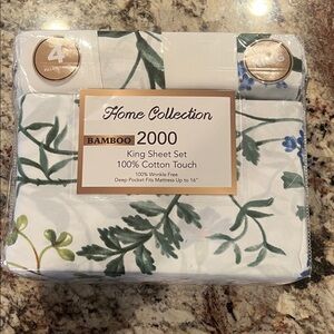 Home Collection Bamboo King Sheet Set - White with Green and Blue Floral